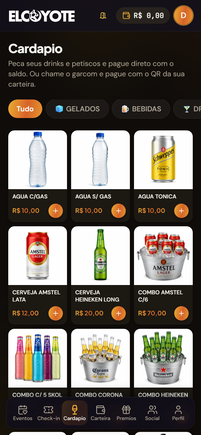 Tela do cardápio