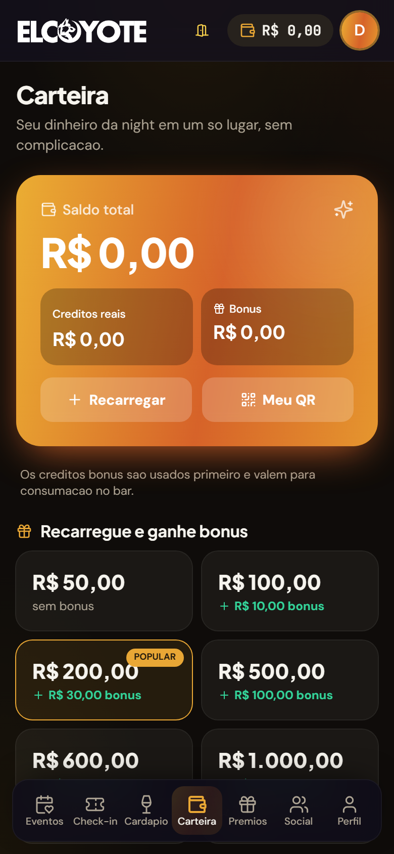 Carteira do app El Coyote