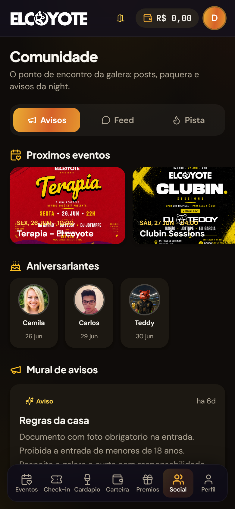 Tela de eventos e avisos